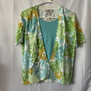 Cathy Daniels Two-Fer Cardigan Sweater Womens Med White Green Blue Floral NEW‎